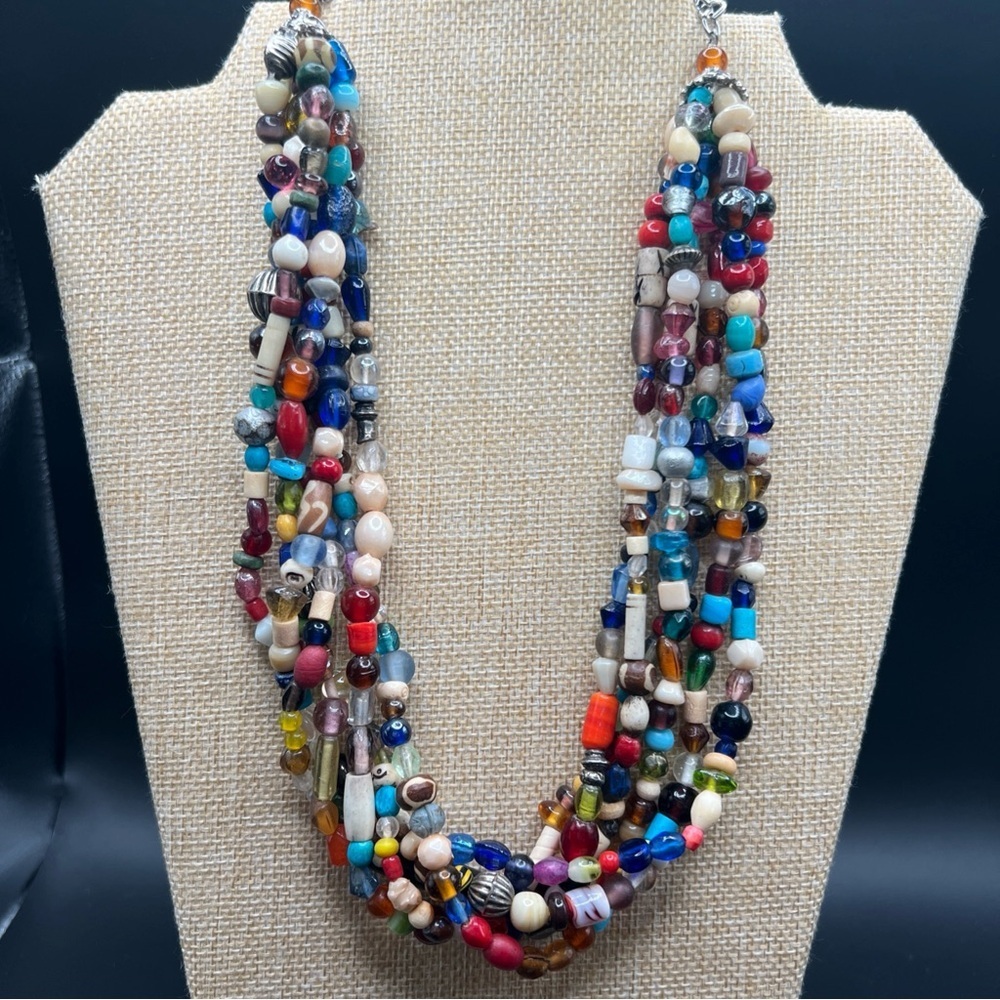 Chico's Multi Strand Necklace Mixed Media Glass Metal Wood Multicolor Boho